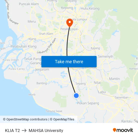 KLIA T2 to MAHSA University map