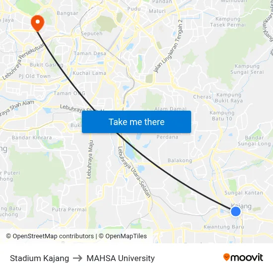Stadium Kajang to MAHSA University map