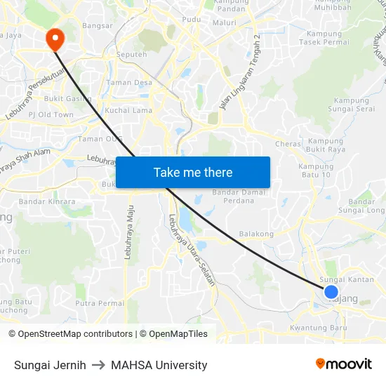 Sungai Jernih to MAHSA University map