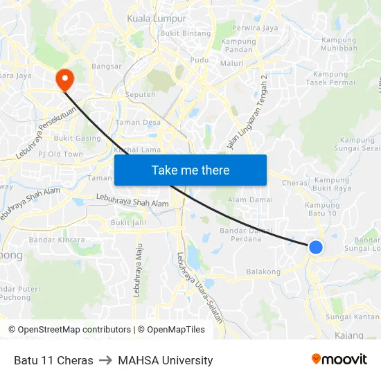 Batu 11 Cheras to MAHSA University map