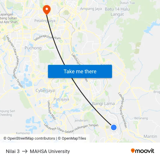 Nilai 3 to MAHSA University map