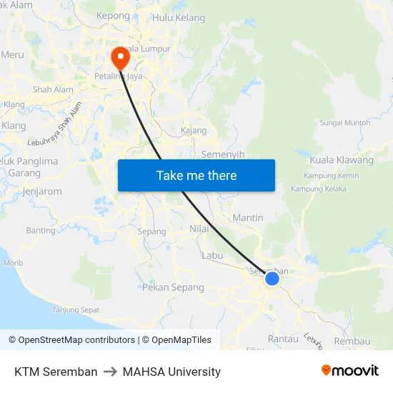 KTM Seremban to MAHSA University map