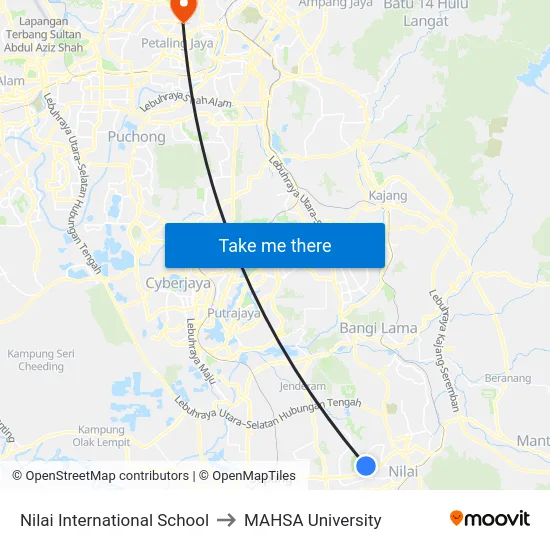 Nilai International School to MAHSA University map