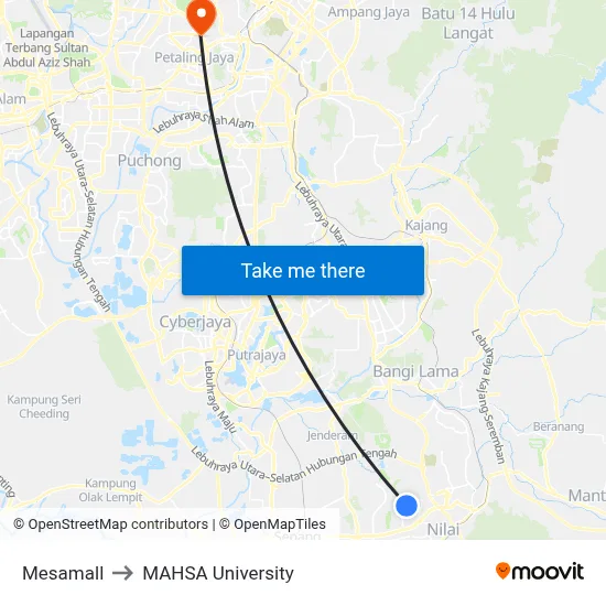 Mesamall to MAHSA University map
