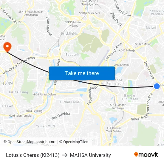Lotus's Cheras (Kl2413) to MAHSA University map