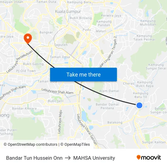 Bandar Tun Hussein Onn to MAHSA University map