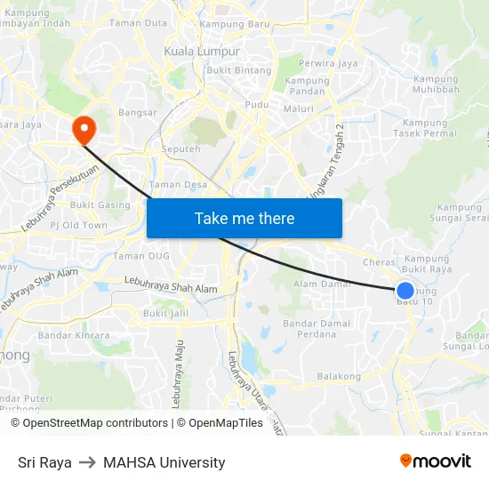 Sri Raya to MAHSA University map
