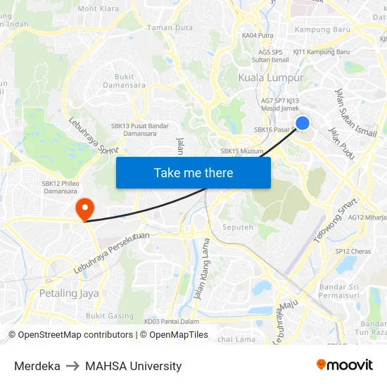 Merdeka to MAHSA University map