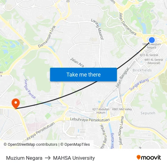 Muzium Negara to MAHSA University map