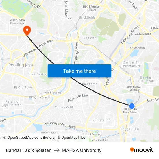 Bandar Tasik Selatan to MAHSA University map