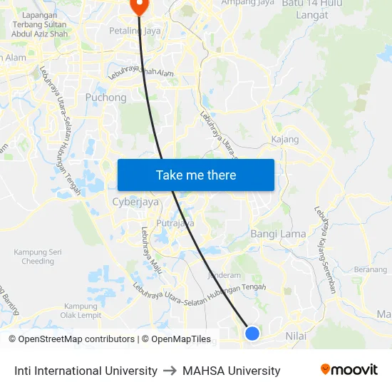 Inti International University to MAHSA University map