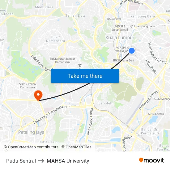 Pudu Sentral to MAHSA University map