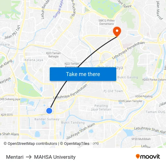 Mentari to MAHSA University map