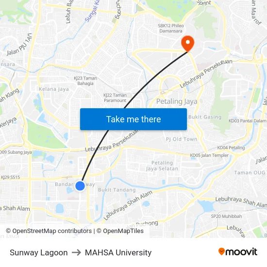 Sunway Lagoon to MAHSA University map