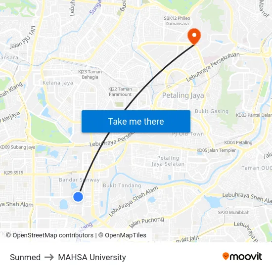 Sunmed to MAHSA University map