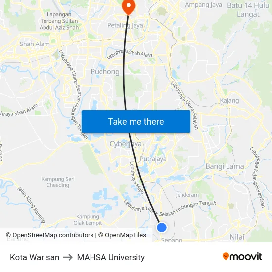 Kota Warisan to MAHSA University map