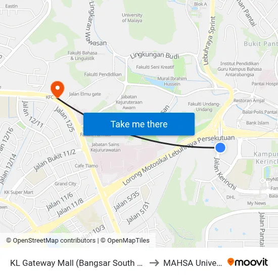 KL Gateway Mall (Bangsar South Shuttle) to MAHSA University map