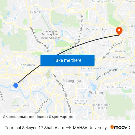 Terminal Seksyen 17 Shah Alam to MAHSA University map
