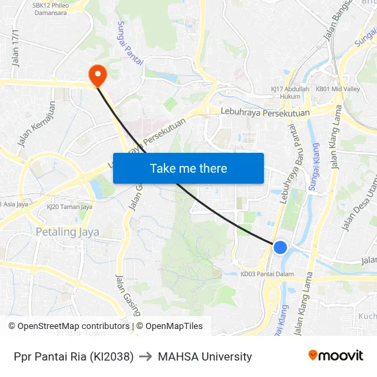 Ppr Pantai Ria (Kl2038) to MAHSA University map