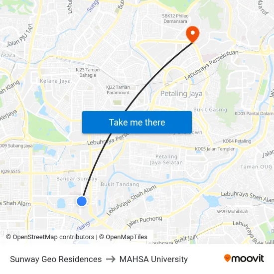 Sunway Geo Residences to MAHSA University map