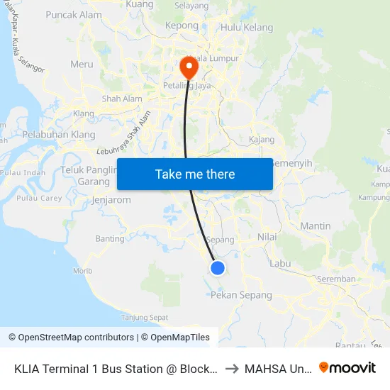 KLIA Terminal 1 Bus Station @ Block C (Sp355/Sp356) to MAHSA University map