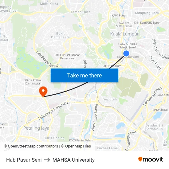 Hab Pasar Seni to MAHSA University map