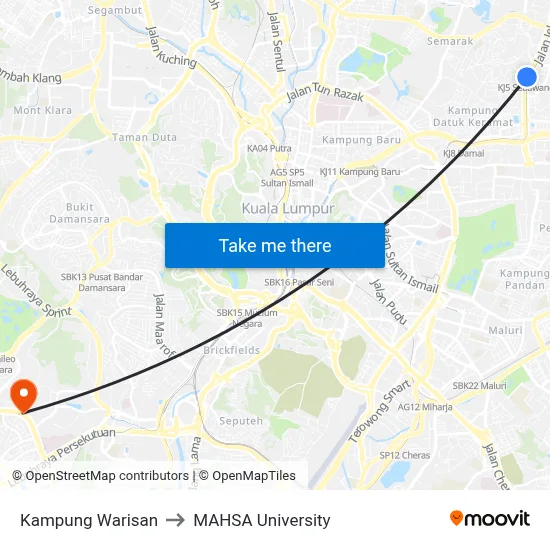 Kampung Warisan to MAHSA University map