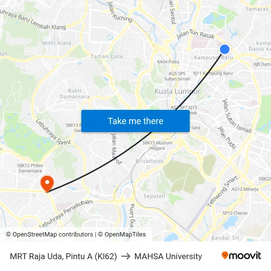 MRT Raja Uda, Pintu A (Kl62) to MAHSA University map