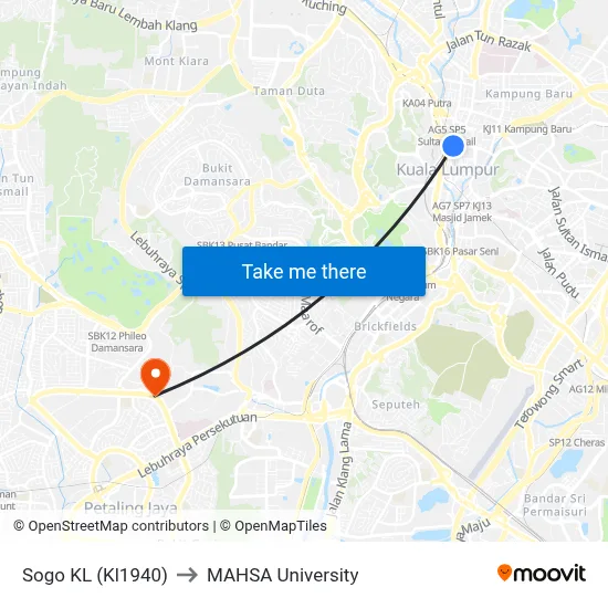 Sogo KL (Kl1940) to MAHSA University map