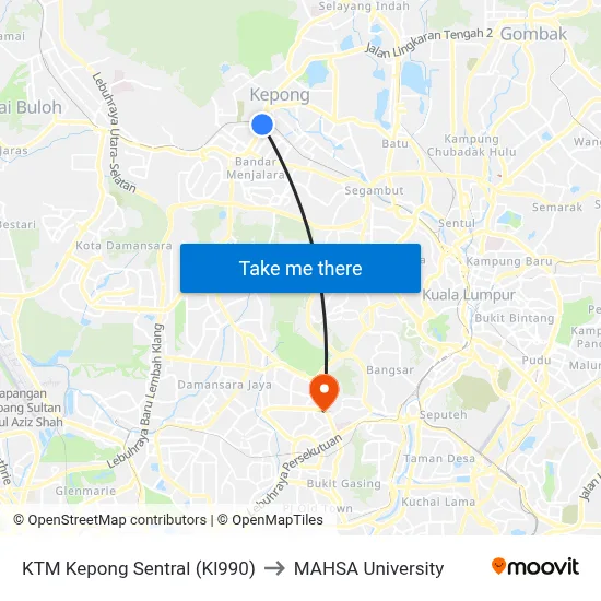 KTM Kepong Sentral (Kl990) to MAHSA University map