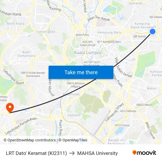 LRT Dato' Keramat (Kl2311) to MAHSA University map