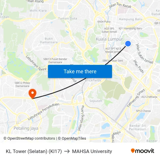 KL Tower (Selatan) (Kl17) to MAHSA University map