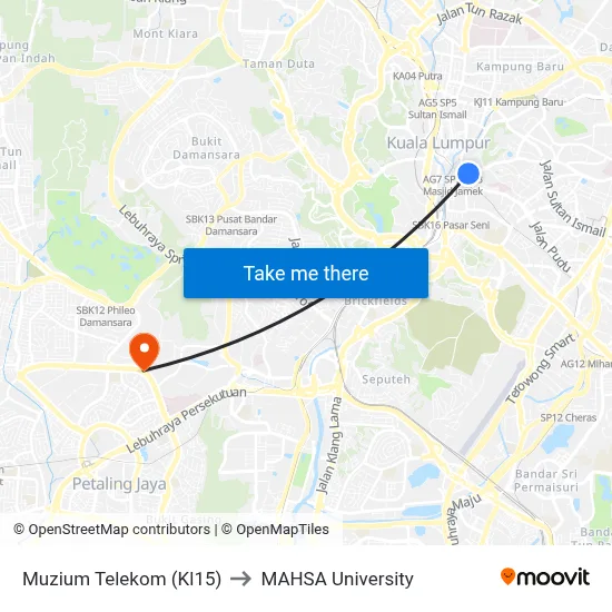 Muzium Telekom (Kl15) to MAHSA University map