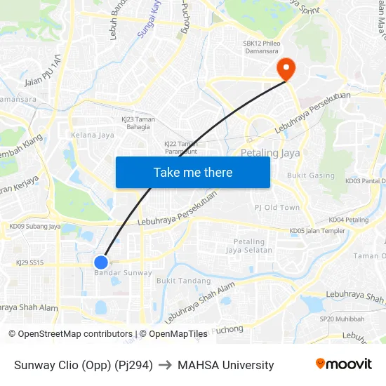 Sunway Clio (Opp) (Pj294) to MAHSA University map