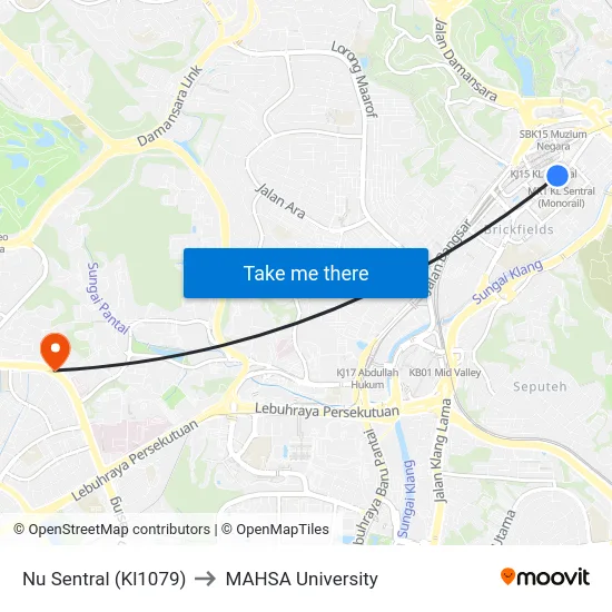 Nu Sentral (Kl1079) to MAHSA University map