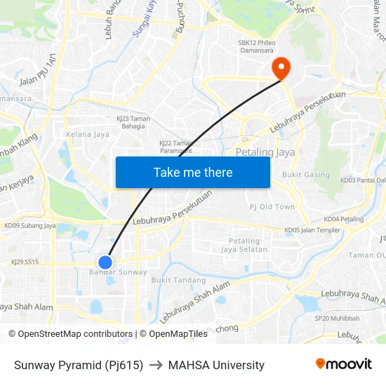Sunway Pyramid (Pj615) to MAHSA University map