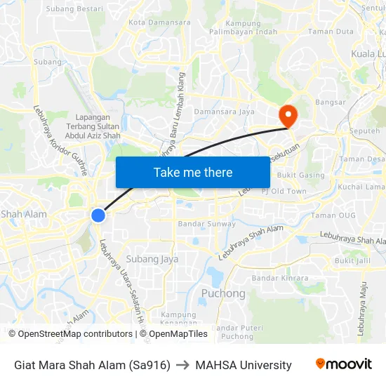 Giat Mara Shah Alam (Sa916) to MAHSA University map