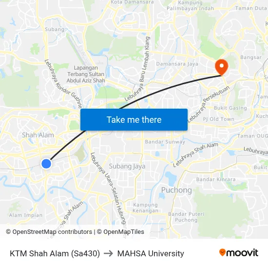 KTM Shah Alam (Sa430) to MAHSA University map