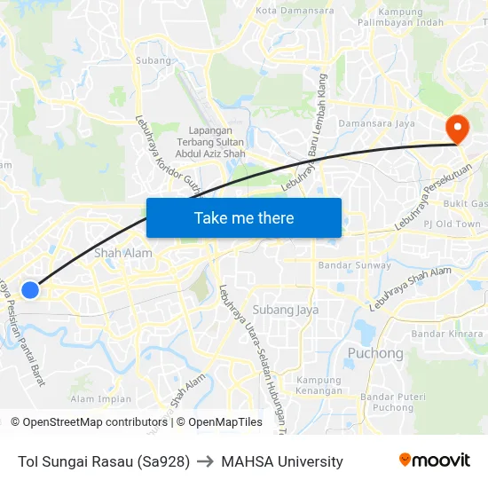 Tol Sungai Rasau (Sa928) to MAHSA University map