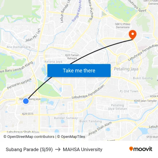 Subang Parade (Sj59) to MAHSA University map
