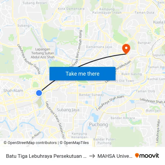 Batu Tiga Lebuhraya Persekutuan (Sa915) to MAHSA University map