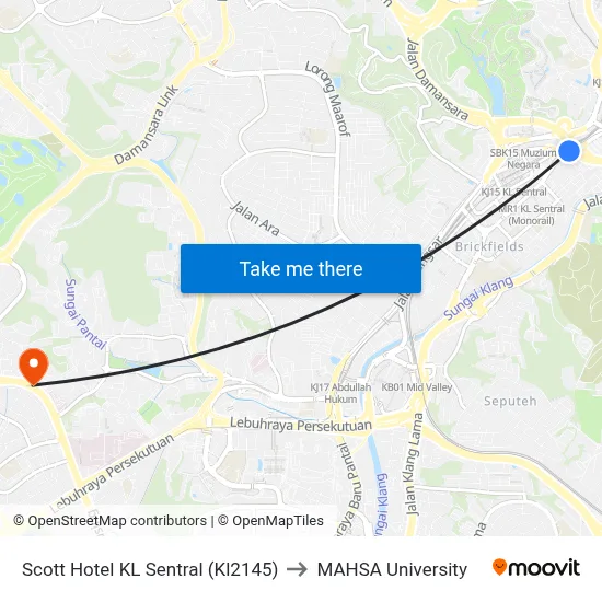 Scott Hotel KL Sentral (Kl2145) to MAHSA University map