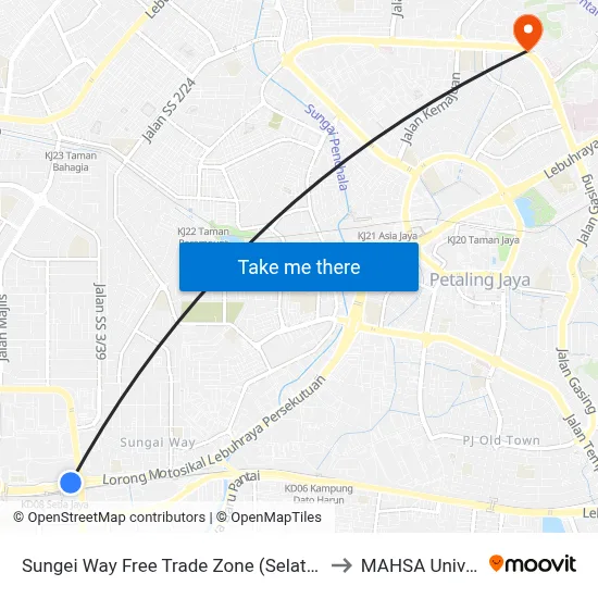 Sungei Way Free Trade Zone (Selatan) (Pj611) to MAHSA University map