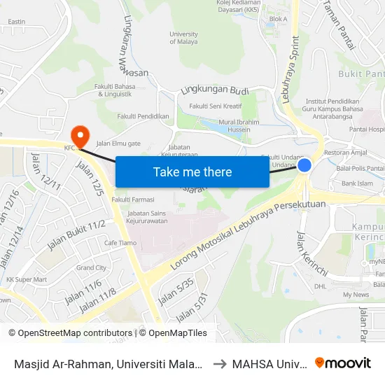 Masjid Ar-Rahman, Universiti Malaya (Kl1102) to MAHSA University map