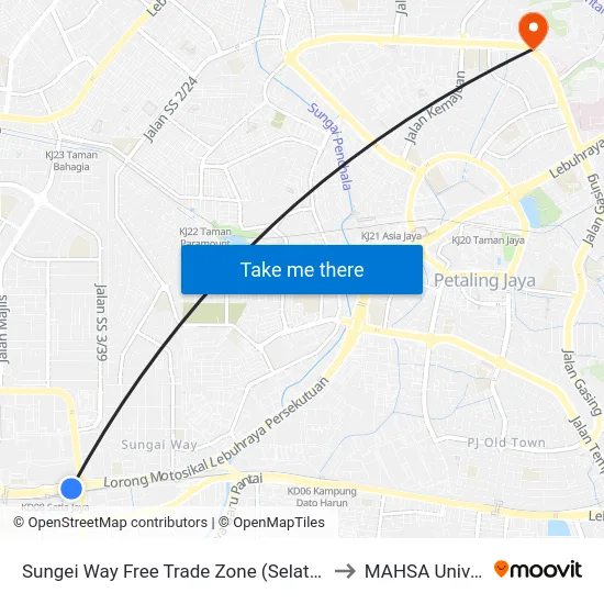 Sungei Way Free Trade Zone (Selatan) (Pj744) to MAHSA University map