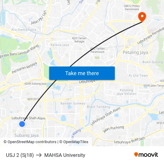 USJ 2 (Sj18) to MAHSA University map