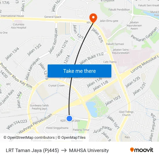 LRT Taman Jaya (Pj445) to MAHSA University map