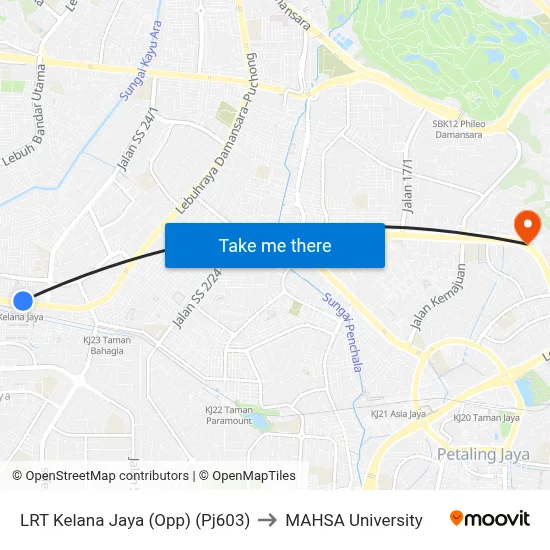 LRT Kelana Jaya (Opp) (Pj603) to MAHSA University map