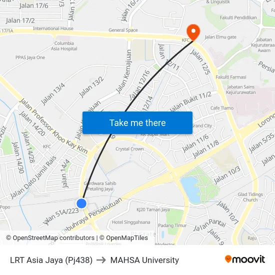 LRT Asia Jaya (Pj438) to MAHSA University map
