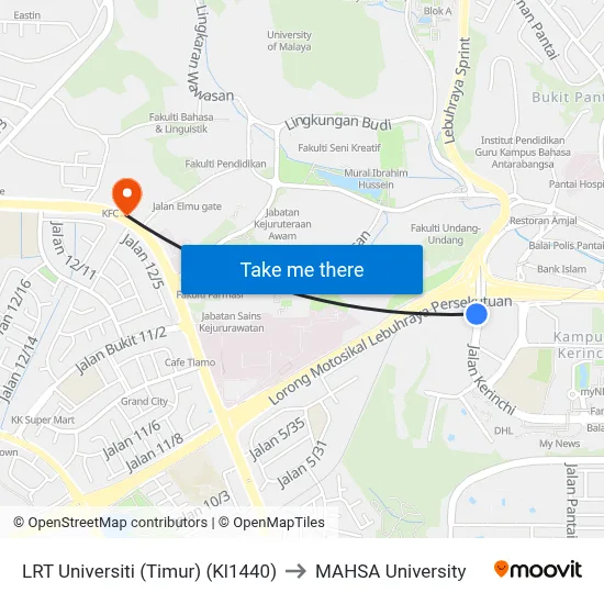 LRT Universiti (Timur) (Kl1440) to MAHSA University map